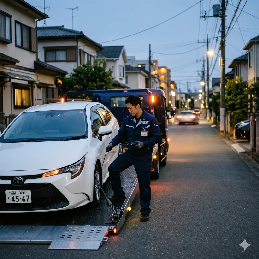 現場対応中のレッカー作業（熟練ドライバーが車両を固定）